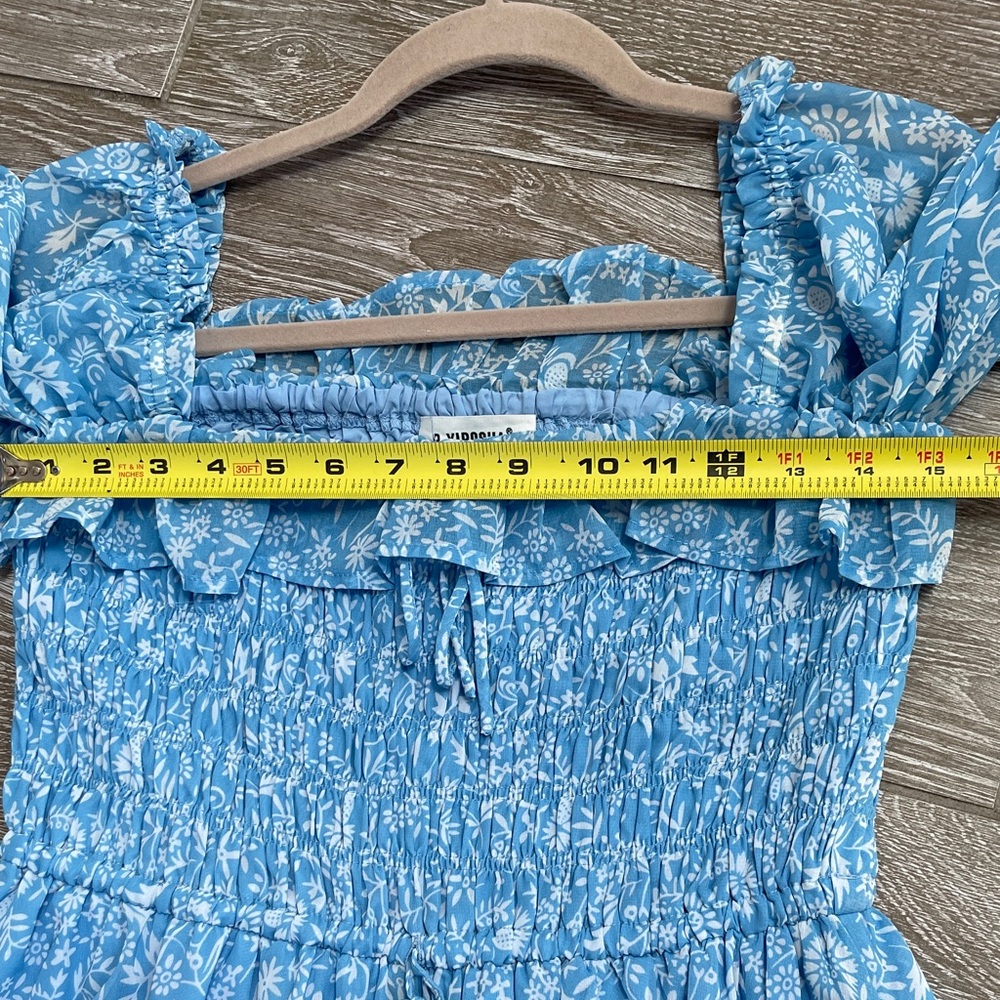 Sky Blue Floral Square-Neck Maxi Dress with Puff Sleeves - Picture 10 of 11